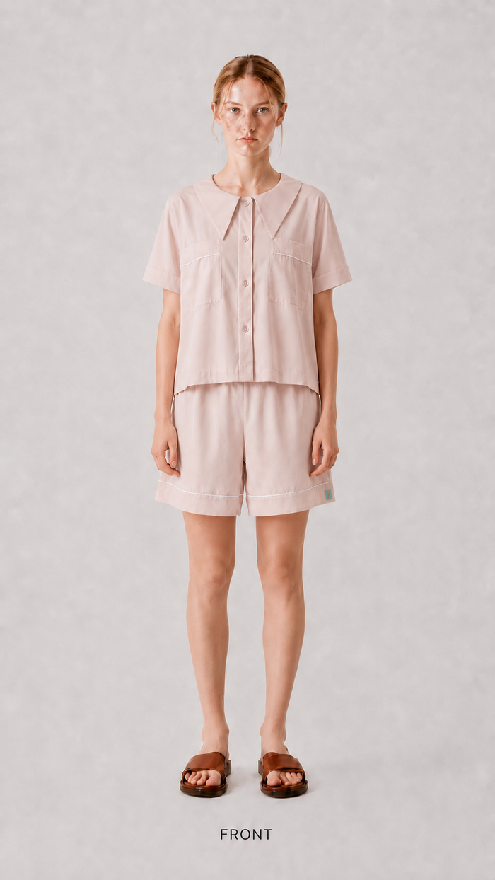 front view of the PEKGEE Dream Of Tone Dream Petal Korean cotton linen pyjama set short sleeve short pants