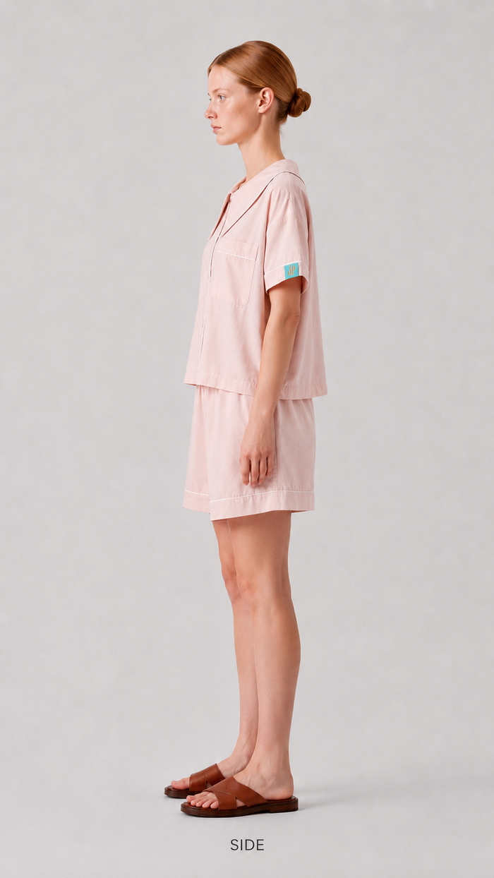 Side view of the PEKGEE Dream Of Tone Dream Petal Korean cotton linen pyjama set short sleeve short pants