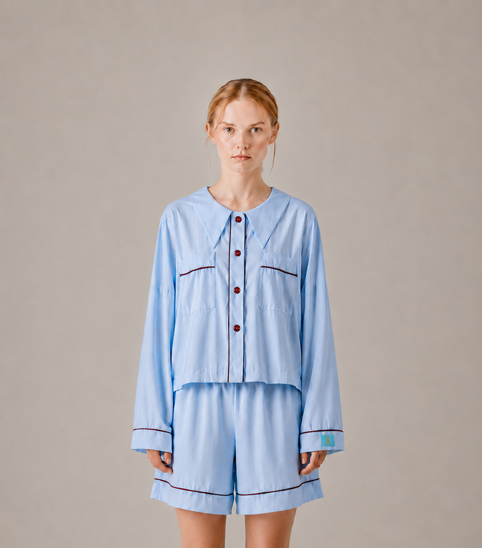 front view Woman wearing the PEKGEE Dream Of Tone Silent Flame Korean cotton linen pyjama set long sleeve short pants.