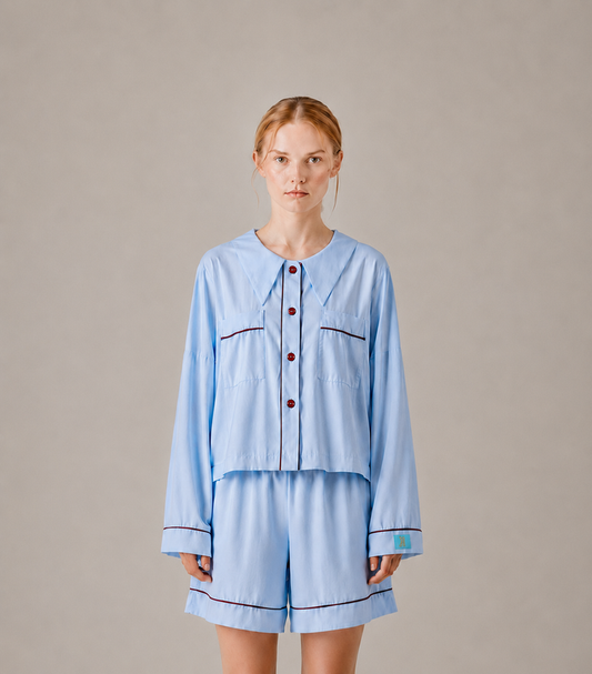 front view Woman wearing the PEKGEE Dream Of Tone Silent Flame Korean cotton linen pyjama set long sleeve short pants.