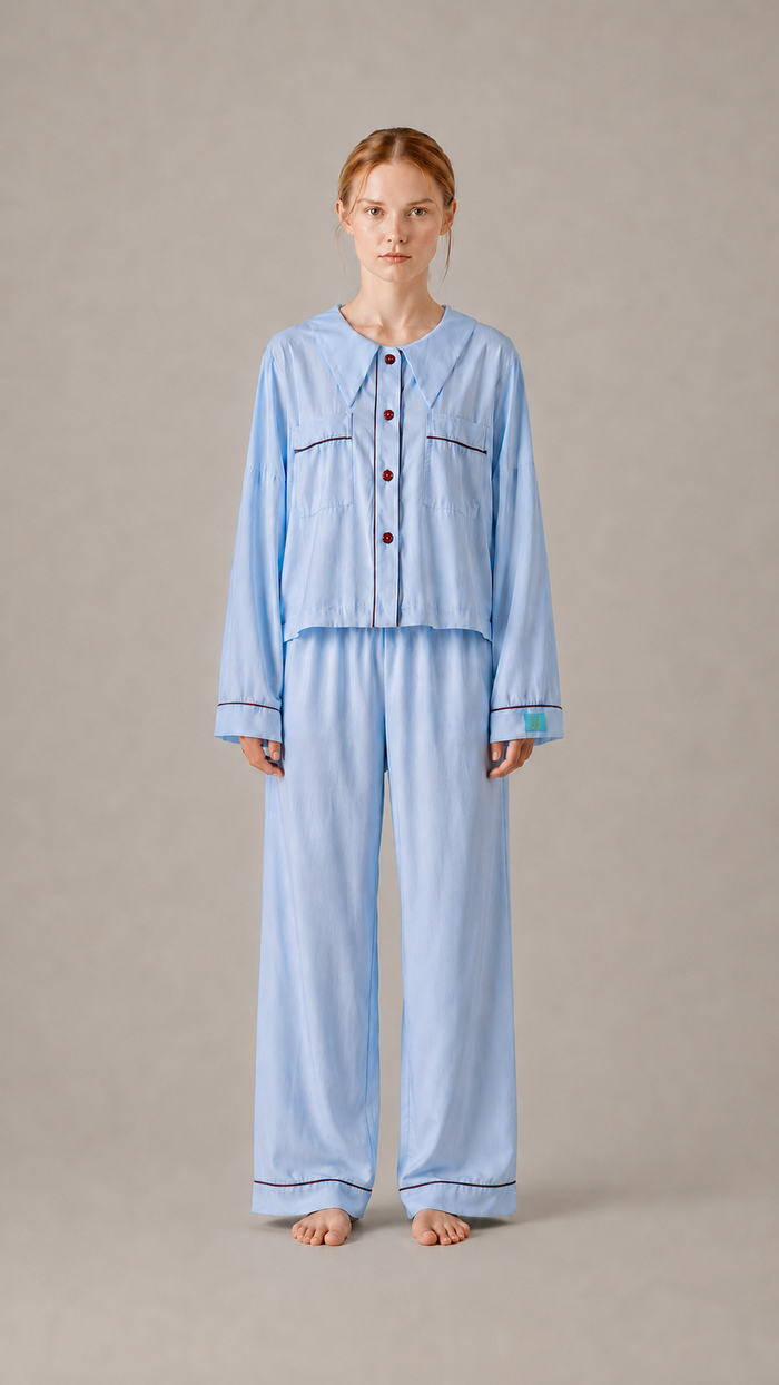 front view Woman wearing the PEKGEE Dream Of Tone Silent Flame Korean cotton linen pyjama set long sleeve long pants.