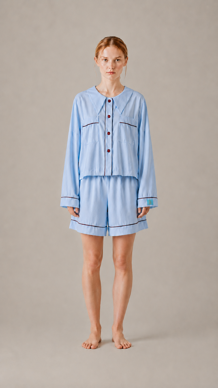 front view Woman wearing the PEKGEE Dream Of Tone Korean cotton linen pyjama set long sleeve short pants.