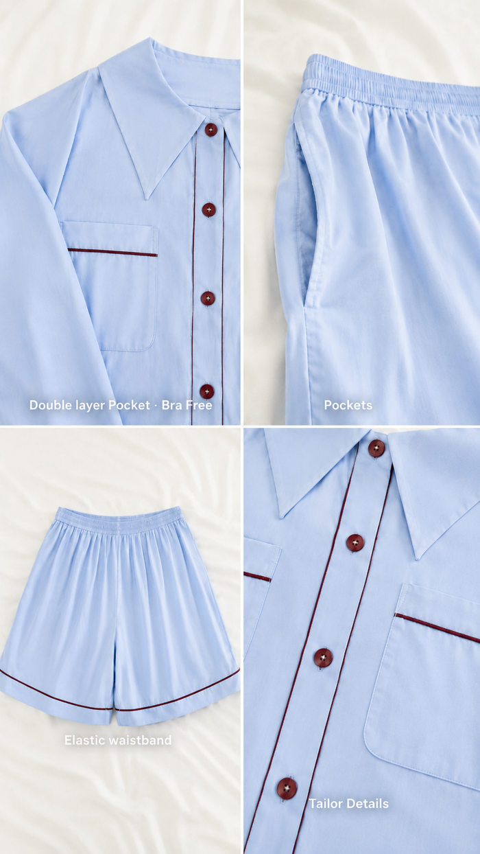 Close-up of the PEKGEE Dream Of Tone pyjama set showcasing the double-layer bra-free friendly pocket, functional pants pockets, comfortable back elastic waistband, premium Korean cotton linen fabric, and tailored stitching details.