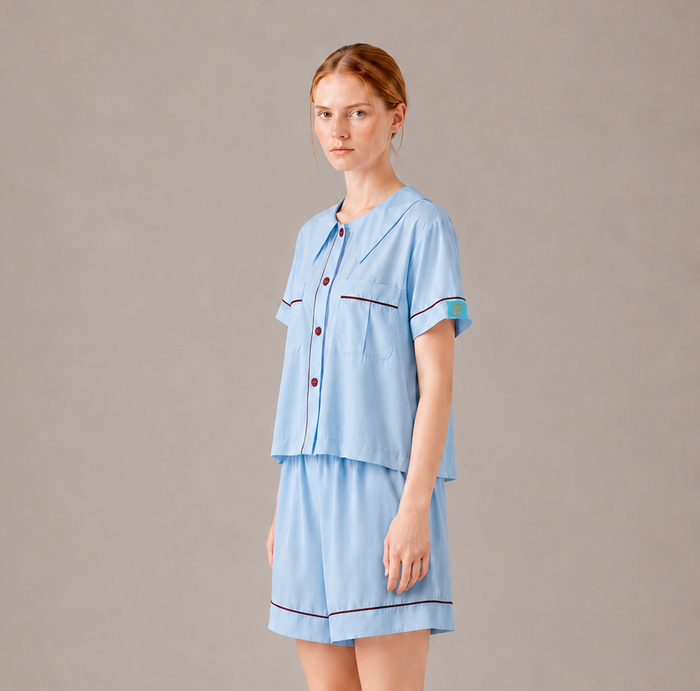 Side view of the PEKGEE Dream Of Tone Silent Flame Korean cotton linen pyjama set short sleeve short pants.