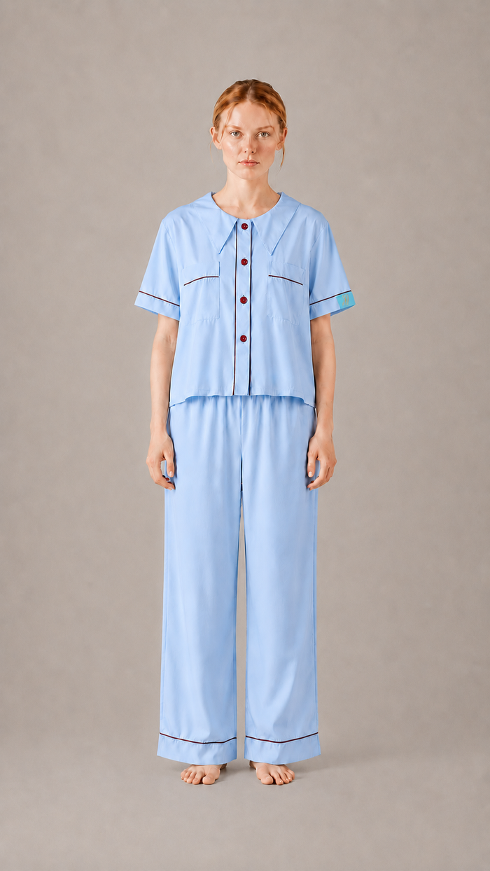 fornt view Woman wearing the PEKGEE Dream Of Tone Silent Flame Korean cotton linen pyjama set short sleeve long pants.