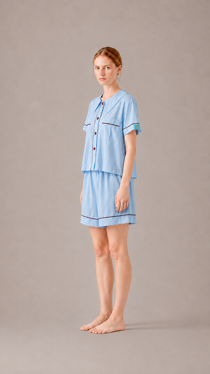Side view of the PEKGEE Dream Of Tone Silent Flame Korean cotton linen pyjama set short sleeve short pants.