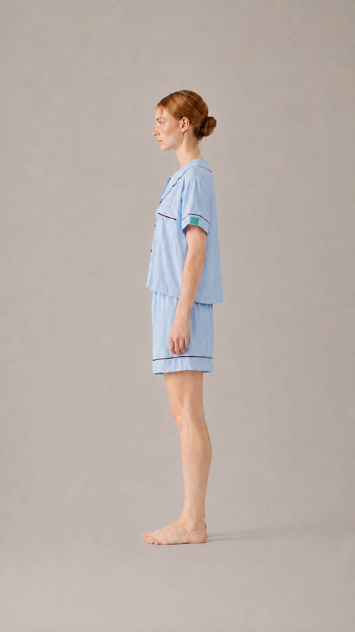 Side view of the PEKGEE Dream Of Tone Silent Flame Korean cotton linen pyjama set short sleeve short pants.