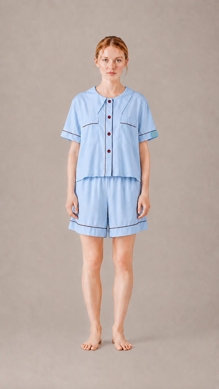 front view Woman wearing the PEKGEE Dream Of Tone Silent Flame Korean cotton linen pyjama set short sleeve shot pants.