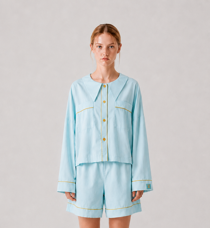 Front view of the PEKGEE Dream Of Tone Solazure Korean cotton linen pyjama set Long Sleeve Short Pants.
