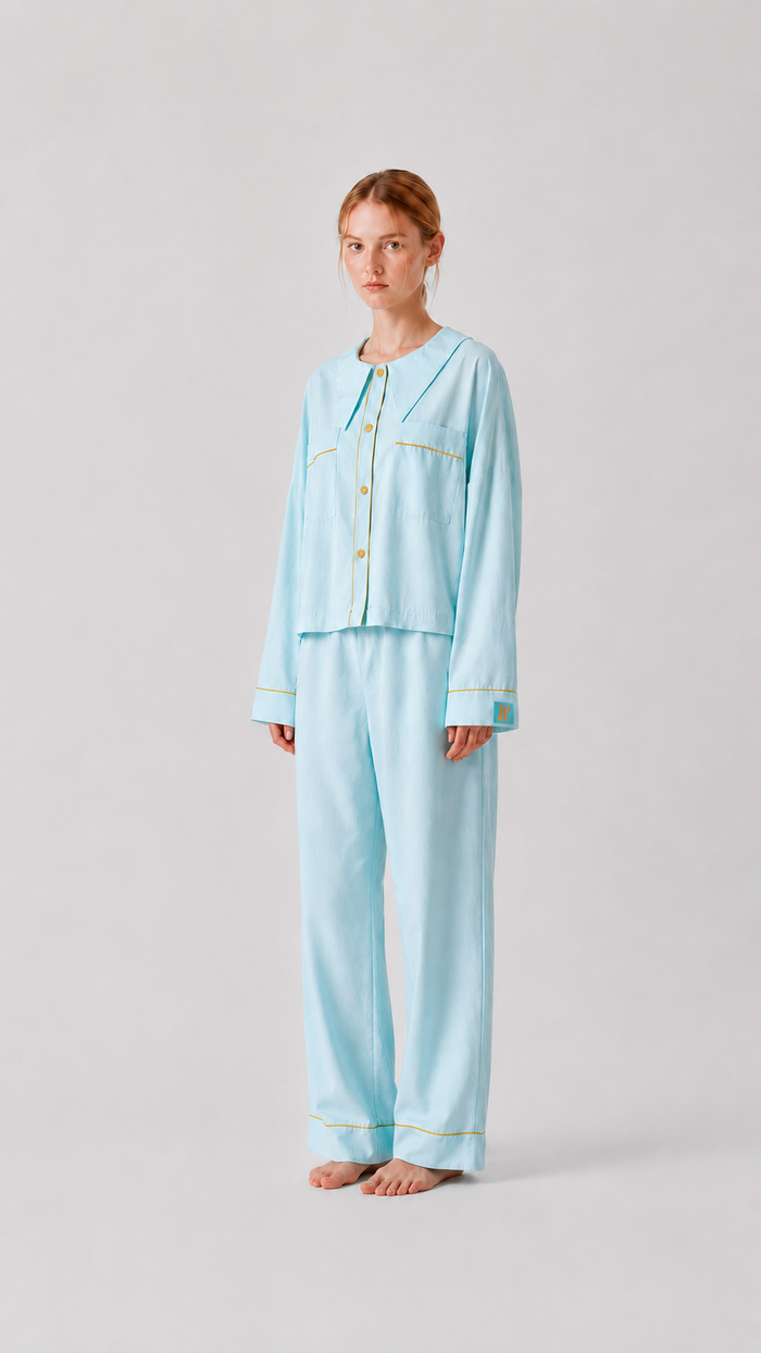 Front view of the PEKGEE Dream Of Tone Solazure Korean cotton linen pyjama set Long Sleeve long Pants.