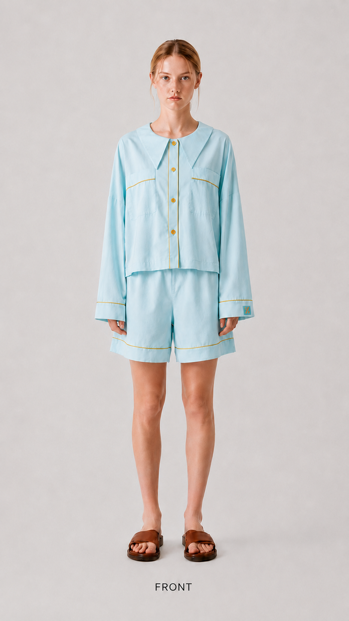 Front view of the PEKGEE Dream Of Tone Solazure Korean cotton linen pyjama set Long Sleeve Short Pants.