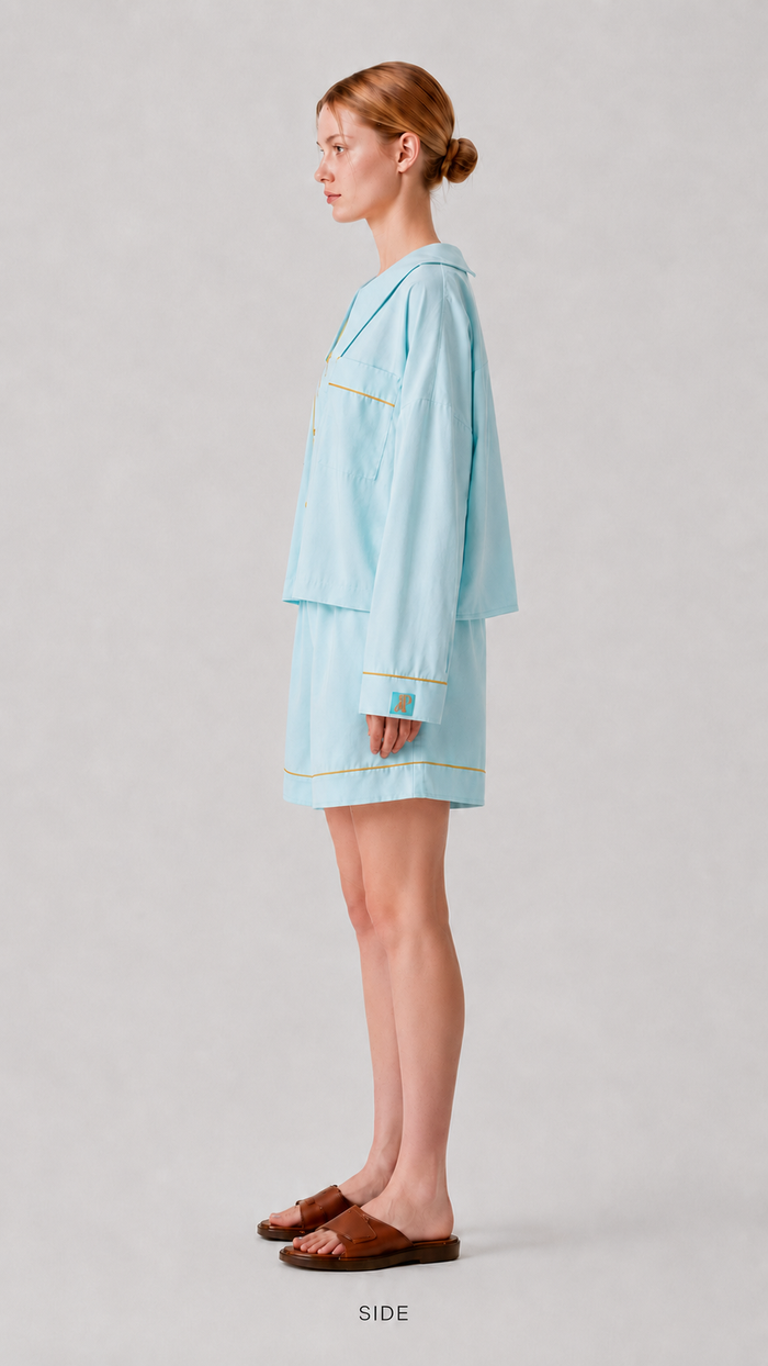 Side view of the PEKGEE Dream Of Tone Solazure Korean cotton linen pyjama set Long Sleeve Short Pants.