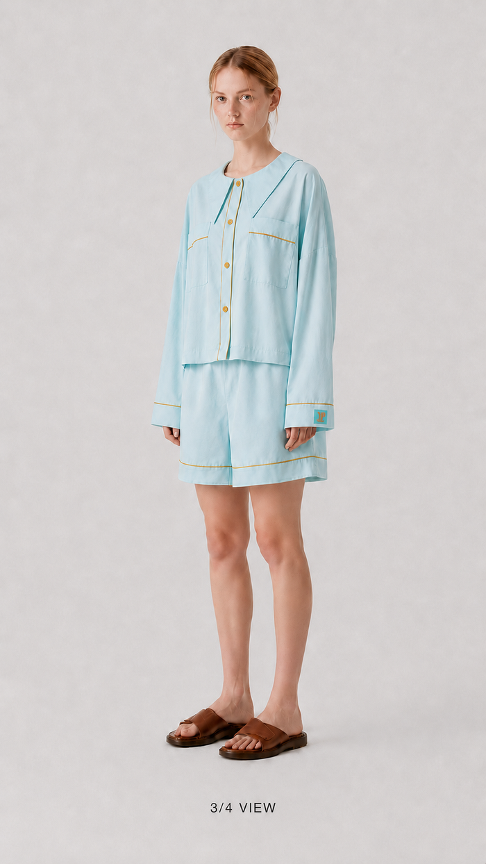 Front view of the PEKGEE Dream Of Tone Solazure Korean cotton linen pyjama set Long Sleeve Short Pants.