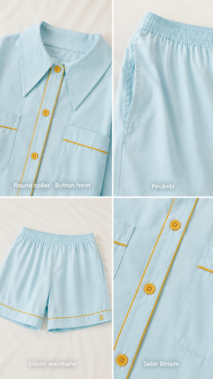Close-up of the PEKGEE Dream Of Tone pyjama set showcasing the double-layer bra-free friendly pocket, functional pants pockets, comfortable back elastic waistband, premium Korean cotton linen fabric, and tailored stitching details.