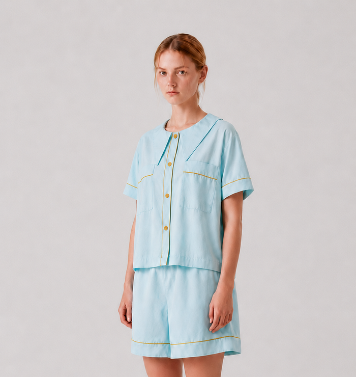 Front view of the PEKGEE Dream Of Tone Solazure Korean cotton linen pyjama set short sleeve short pants.