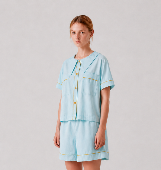 Front view of the PEKGEE Dream Of Tone Solazure Korean cotton linen pyjama set short sleeve short pants.