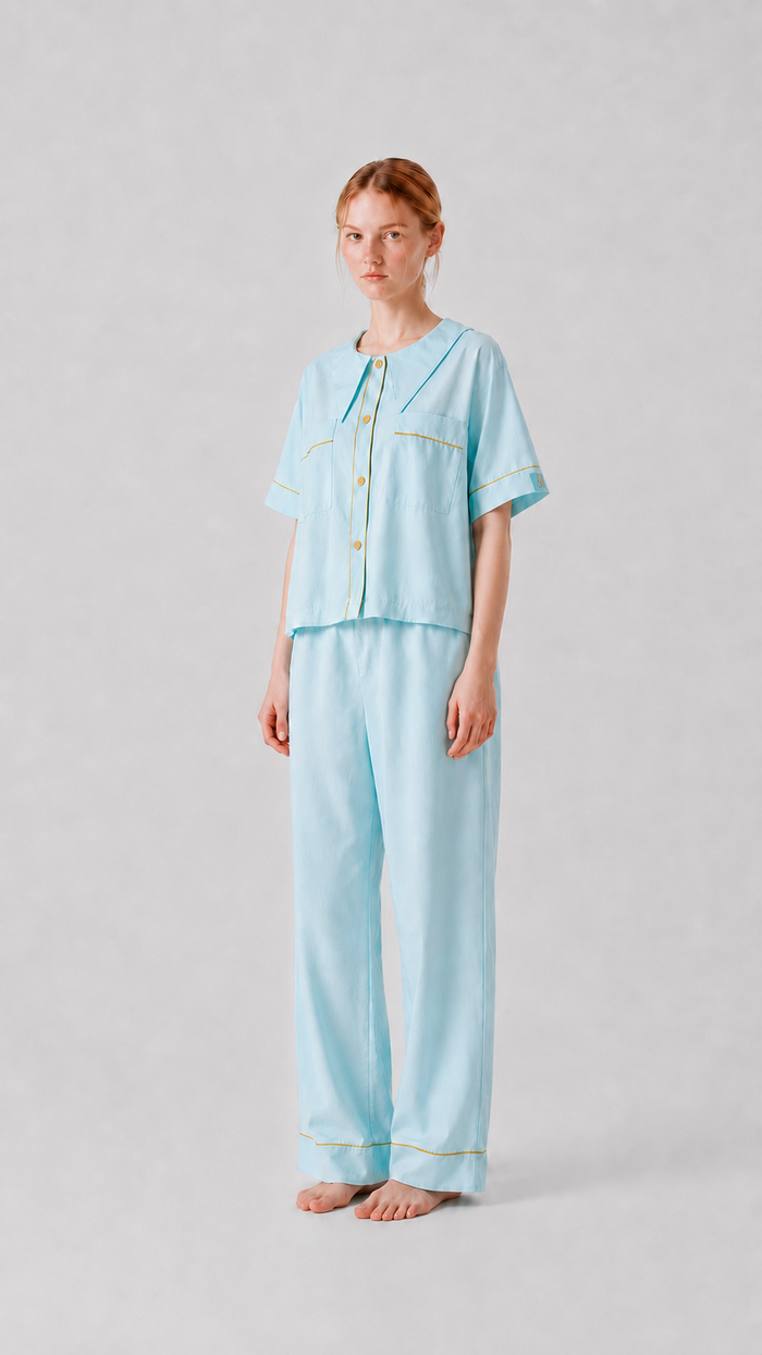 Front view of the PEKGEE Dream Of Tone Solazure Korean cotton linen pyjama set short sleeve long pants.