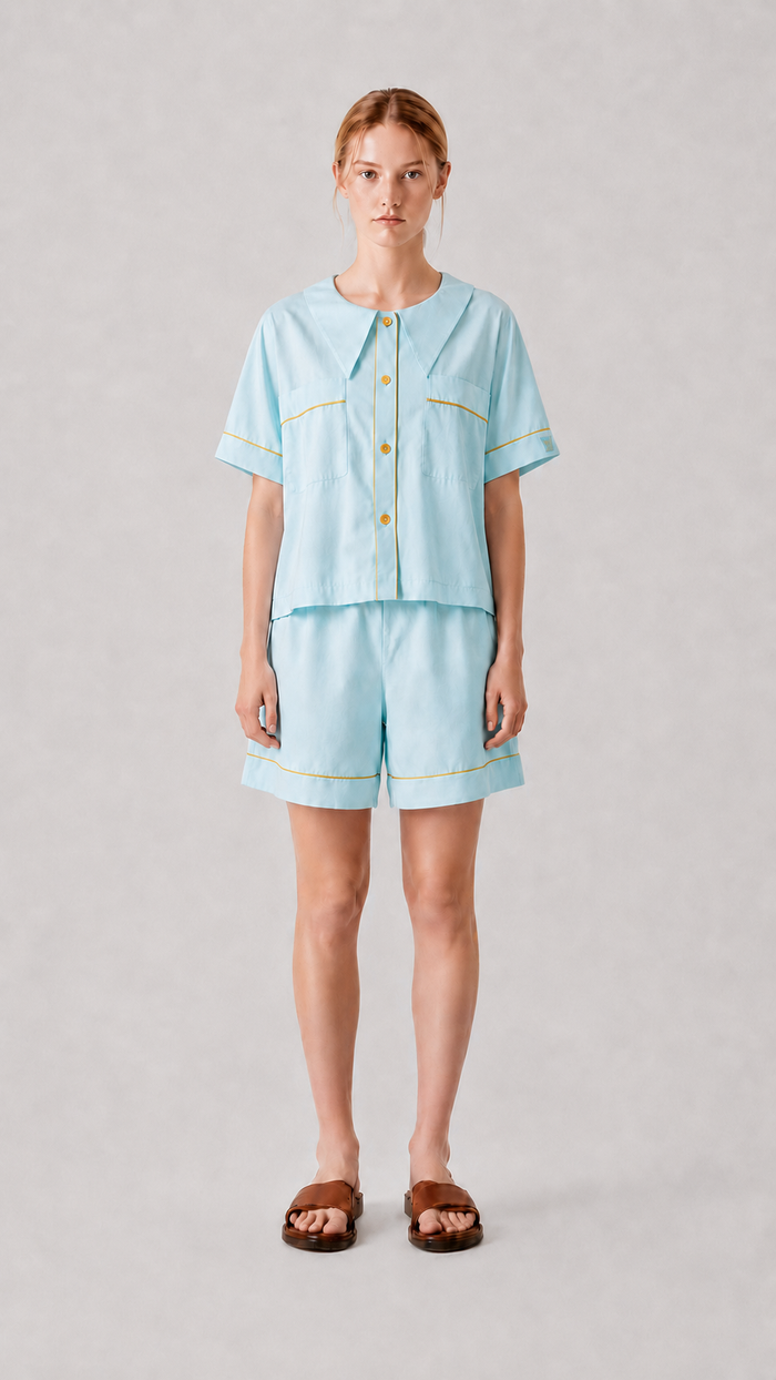Front view of the PEKGEE Dream Of Tone Solazure Korean cotton linen pyjama set short sleeve short pants.