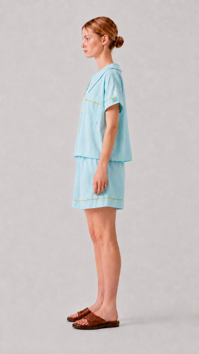 Side view of the PEKGEE Dream Of Tone Solazure Korean cotton linen pyjama set short sleeve short pants.