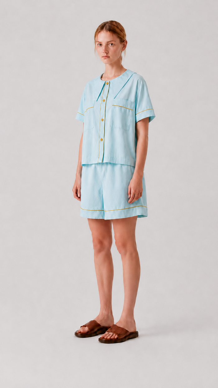 Front view of the PEKGEE Dream Of Tone Solazure Korean cotton linen pyjama set short sleeve short pants.