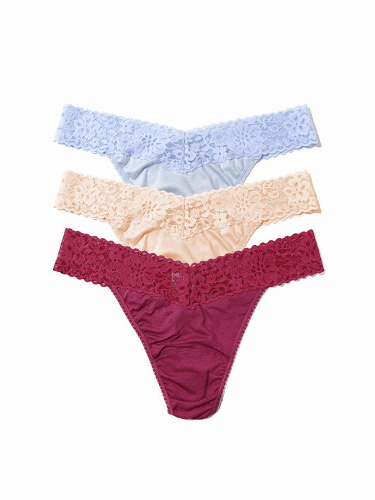 DreamEase™ Original Rise Thong 3-Pack in serenity blue, chai & california raisin purple - Flat Lay | Hanky Panky