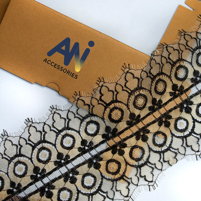 Dual Tone Floral Motif Gold & Black Eyelash Lace