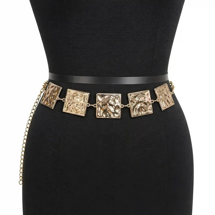 Elegant Gold Square Link Metal Waist Belt for Women