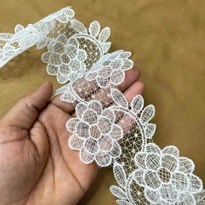 Elegant Wide White Floral Net Lace | Width 8.1cm (3.2 inches) 81mm | SKU-FML-23
