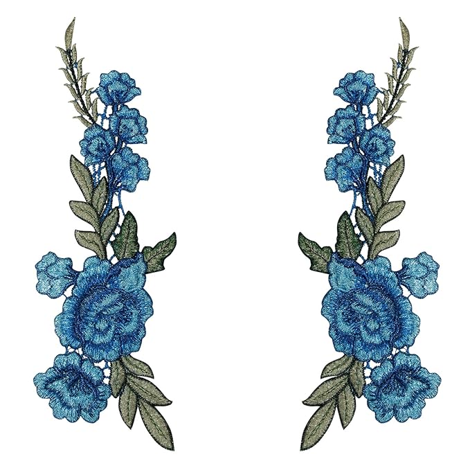 Pair of Blue Embroidery Flower Patches for Female Style with Floral Design and Leaf Details