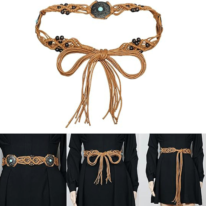 Ethnic Brown Macrame Belt with Circular Beaded Accent  Macrame Belt