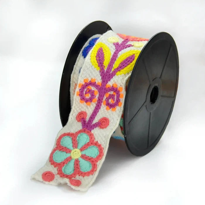 Spool of colorful embroidered Crochet lace on a white background | Ani Accessories