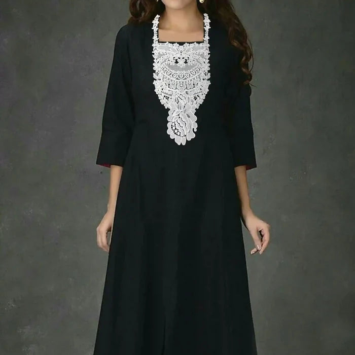 Floral bib yoke by Ani Accessories worn on model, showcasing elegant floral detailing and neckline placement.