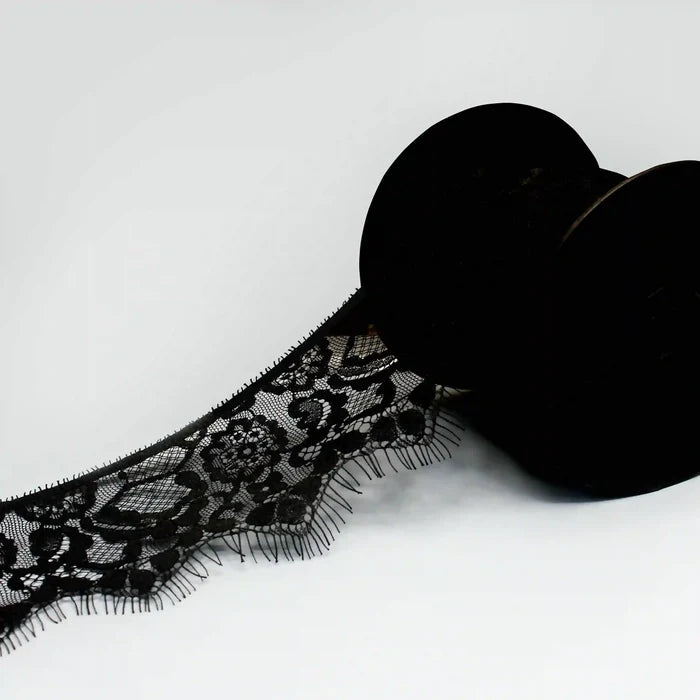 Black Floral Lace Trim Eyelash for Sewing & Crafts | Ani Accessories on a spool with decorative design