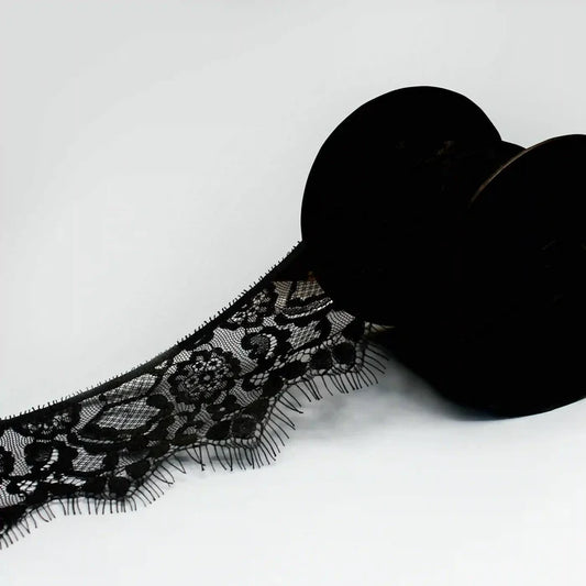 Black Floral Lace Trim Eyelash for Sewing & Crafts | Ani Accessories on a spool with decorative design