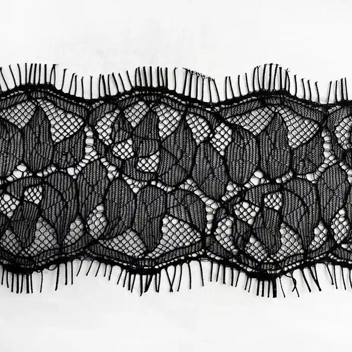 Ani Accessories Black Lace Trim Floral Lace for Lingerie & Dresses, intricate floral design with delicate fringes
