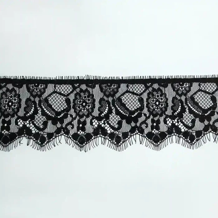 Black Floral Lace Trim Eyelash for Sewing & Crafts | Ani Accessories with delicate floral patterns and scalloped edges