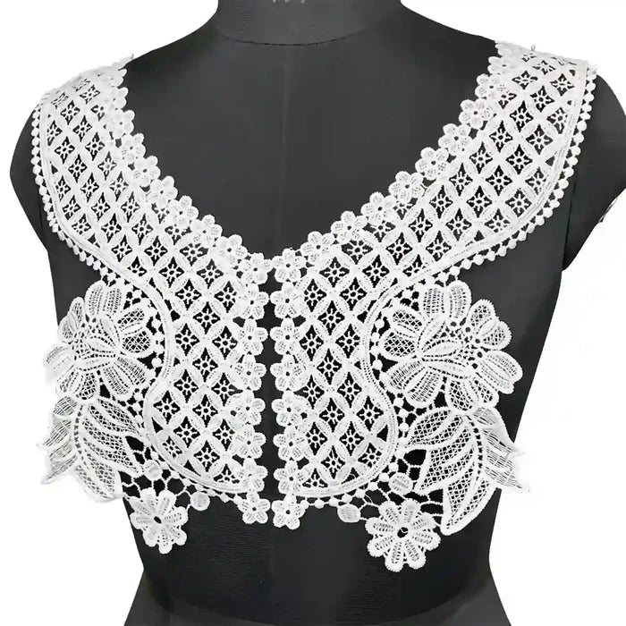 Front view of V round floral sew-on neckline by Ani Accessories for women’s apparel