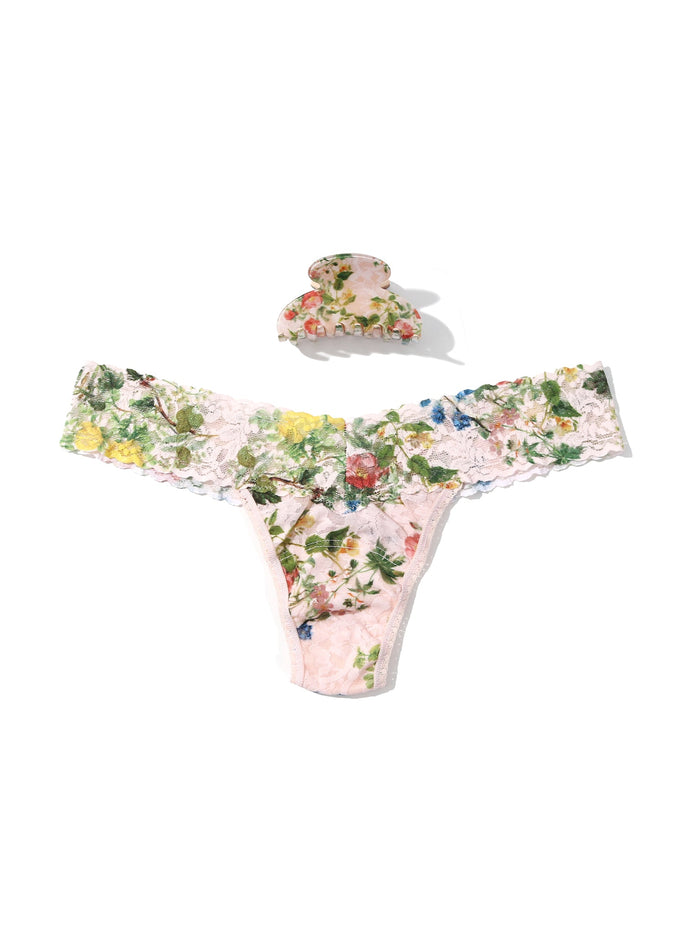 France Luxe Clip and Low Rise Thong Overjoyed - Floral Lace Thong & Claw Clip Gift Set Flat Lay | Hanky Panky