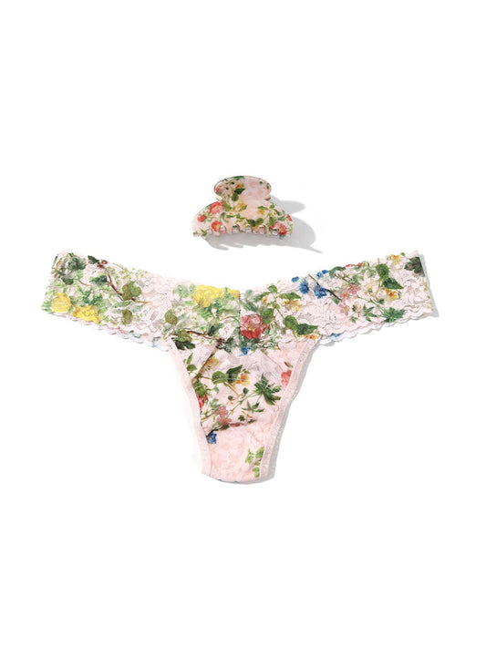 France Luxe Clip and Low Rise Thong Overjoyed - Floral Lace Thong & Claw Clip Gift Set Flat Lay | Hanky Panky