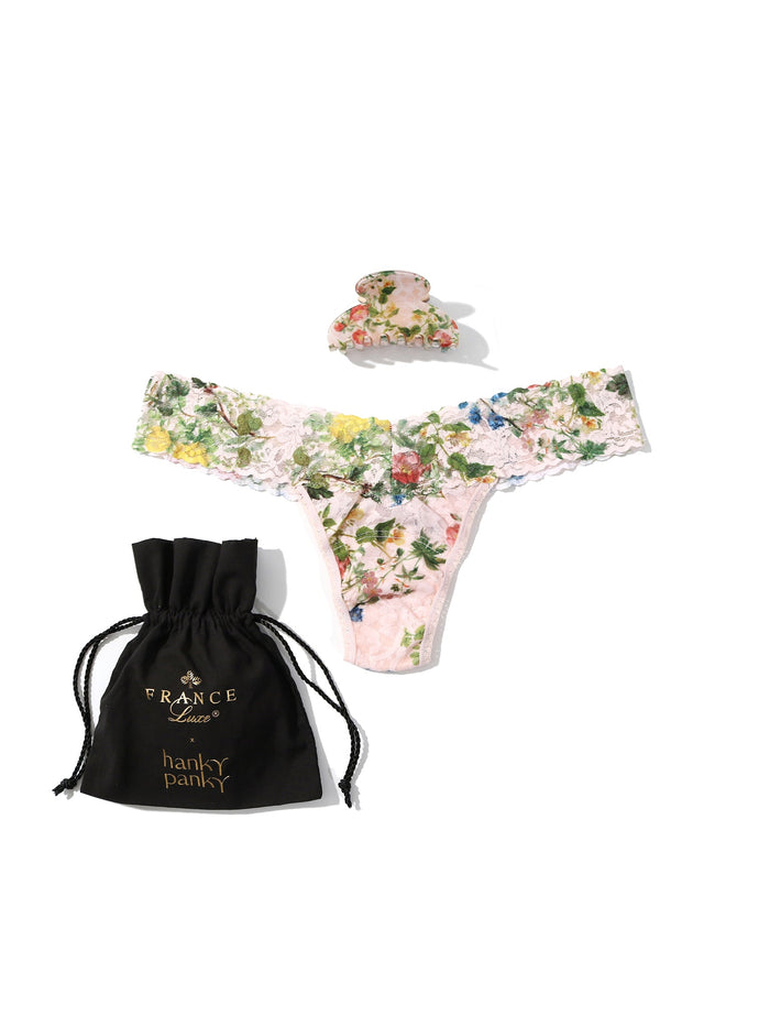 France Luxe Clip and Low Rise Thong Overjoyed - Floral Lace Thong Set with Black Gift Pouch | Hanky Panky