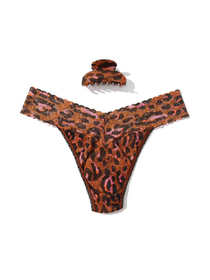 Throwback Brown Leopard Lace Thong & France Luxe Jaw Clip Gift Set - Flat Lay | Hanky Panky