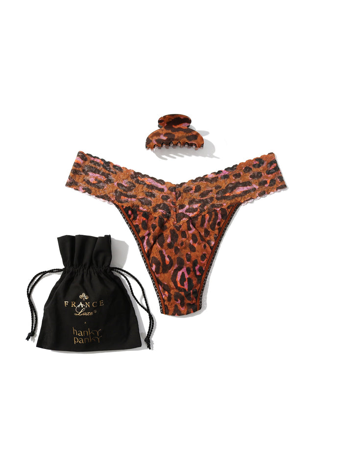 France Luxe x Hanky Panky Leopard Lace Thong Gift Set with Black Drawstring Pouch - Flat Lay
