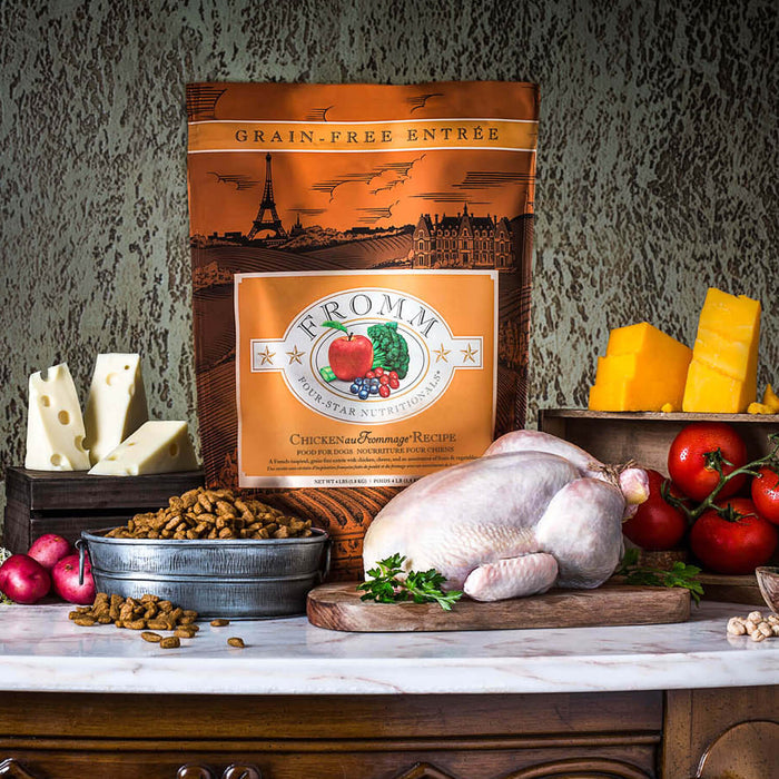 Fromm Dry Dog Food Chicken au Frommage Recipe A French-inspired entrée with chicken, cheese, and an assortment of fruits & vegetables - Dog.Dog.Cat.