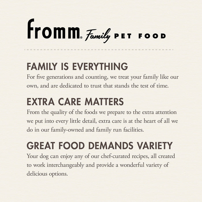 Fromm Dry Dog Food Chicken au Frommage Recipe A French-inspired entrée with chicken, cheese, and an assortment of fruits & vegetables - Dog.Dog.Cat.