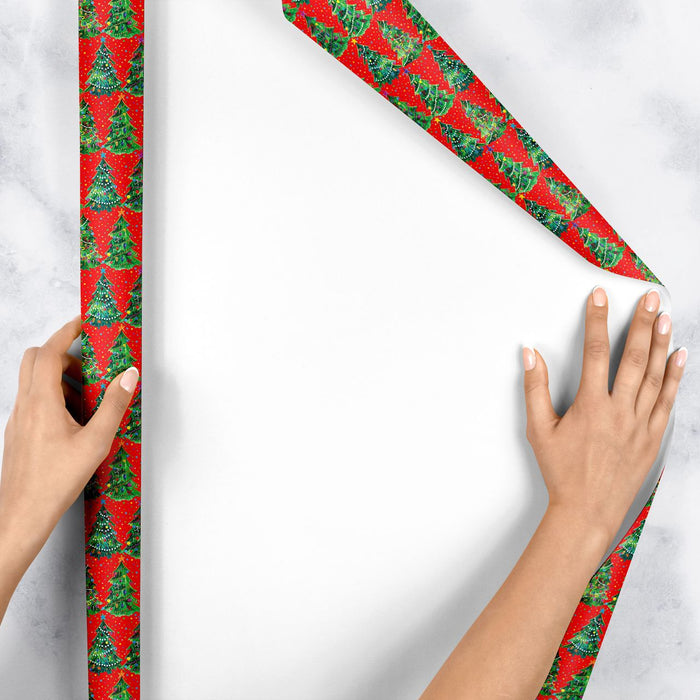 Gift Wrap -Christmas Trees Red - Recycled Fiber