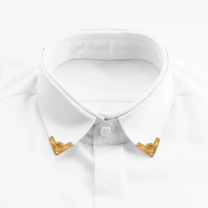 Ani Accessories | gold glided glamour with rhinestone placing on the corner of white shirt collar