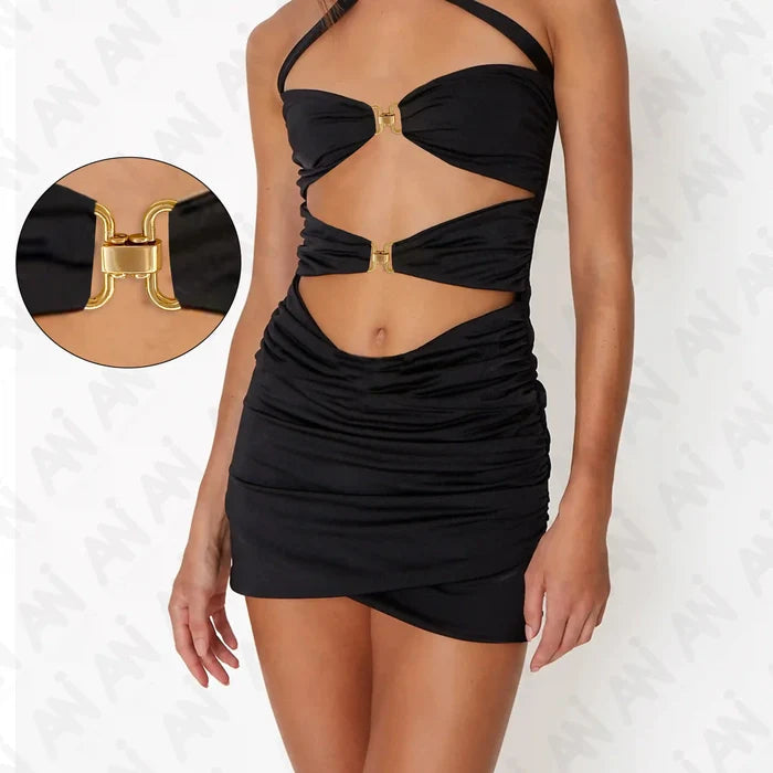 Ani Accessories Gold Interlocking Buckle on the black model dress standing in the white background.