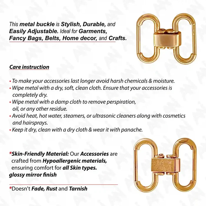 Ani Accessories Gold Interlocking Buckle front and back image with care instruction written in the white background.