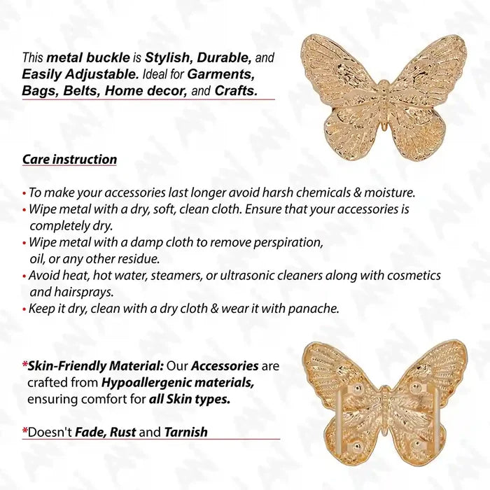 Ani Accessories Golden Butterfly Metal Buckle front and back view  with care instruction in a white  background.