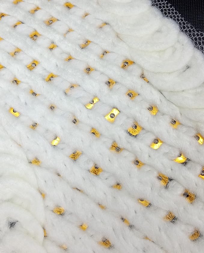 Close-up of golden sequins cross design shoulder neckline showing intricate embroidery and shimmer details